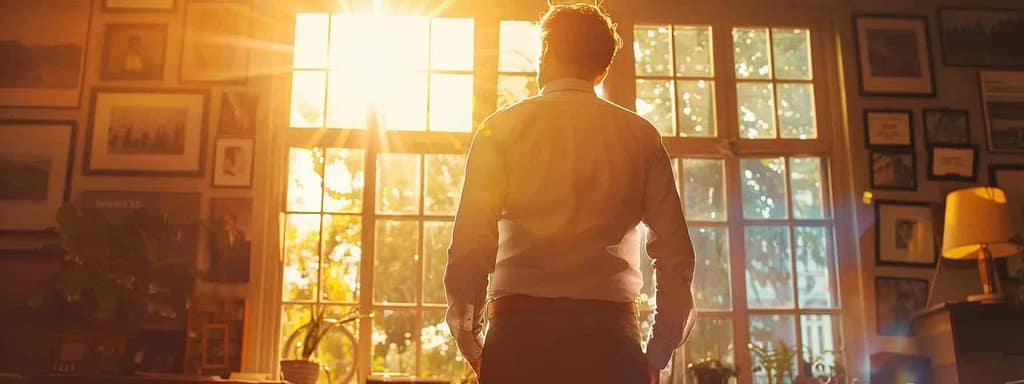 a compelling and professional image of a confident adhd coach standing in an inviting office space, surrounded by framed testimonials and success stories, illuminated by warm sunlight streaming through a large window, exuding an aura of trust and authority. ADHD Coach