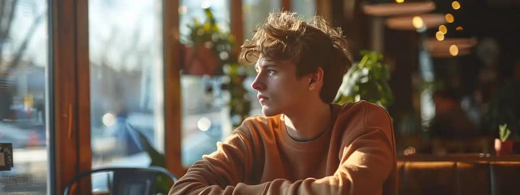 a contemplative young adult sits alone in a sun-drenched café, gazing out of the window with a blend of introspection and unease, embodying the intricate connection between adhd and social anxiety.