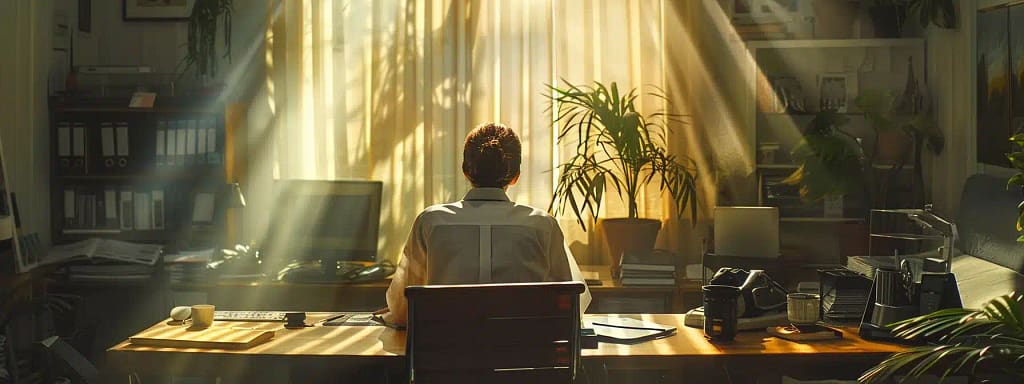 a serene office environment bathed in soft, natural light, featuring a focused employee with an inviting, clutter-free workspace, symbolising effective support for individuals with adhd. - adhd employee underperforming