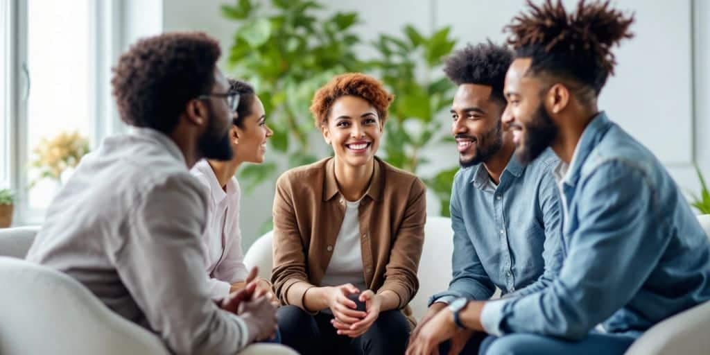 Diverse group engaged in a coaching session indoors.