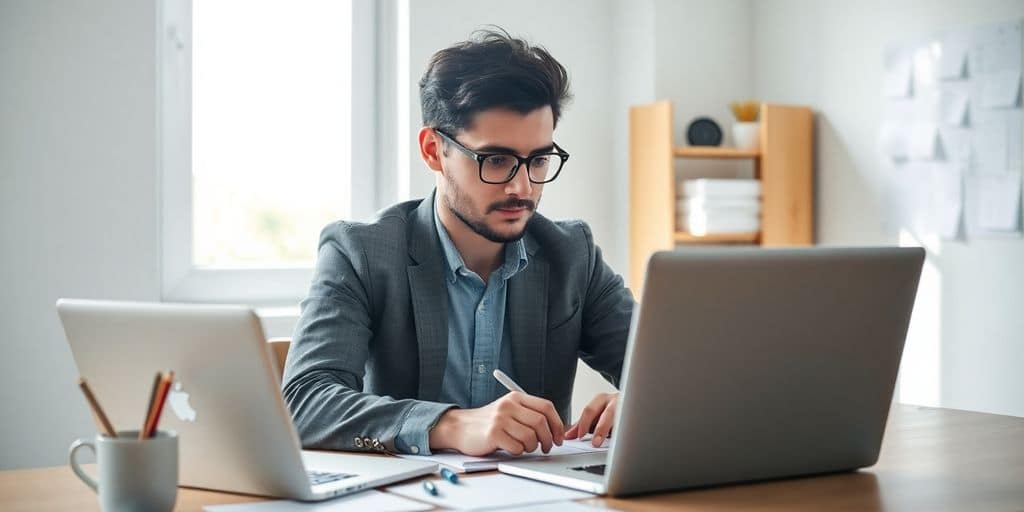 Man working on laptop at office desk