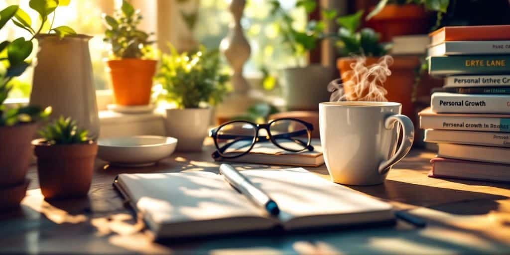 A warm workspace with coffee, plants, and books.
