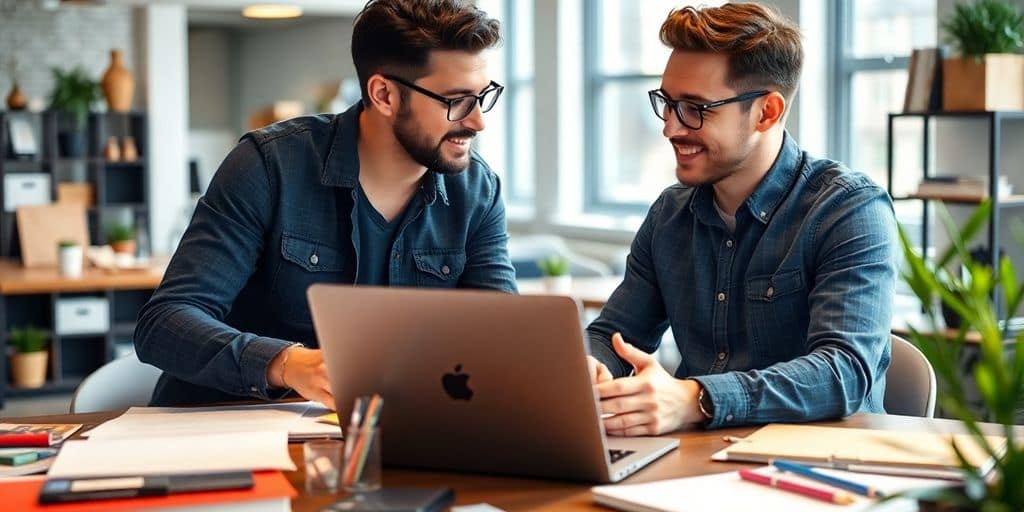 Mentor and entrepreneur collaborating in a modern workspace.