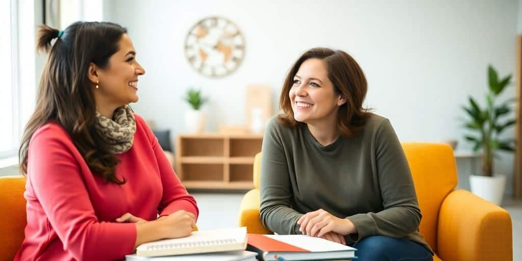 A coach and client engaged in a supportive conversation.