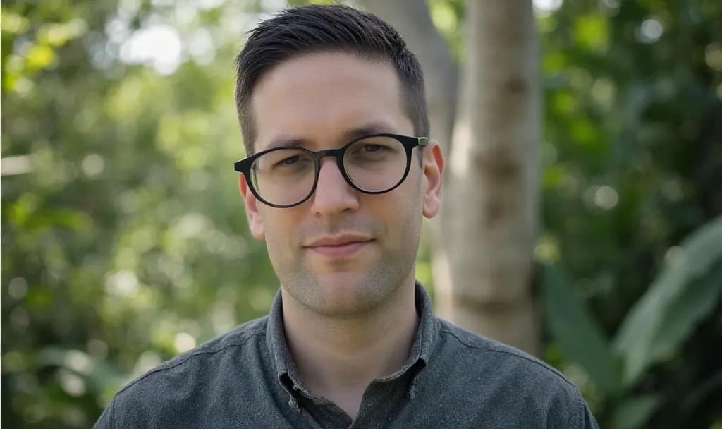 Errin wearing glasses in a forest setting