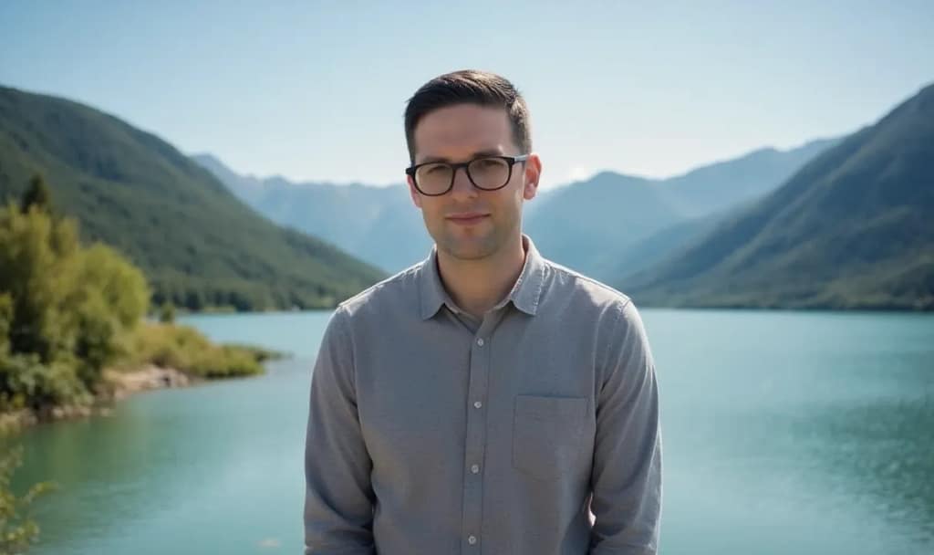 Errin in glasses standing by mountain lake.
