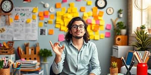 Entrepreneur brainstorming in a colourful, dynamic workspace.