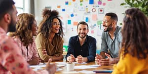 Coaching session with diverse entrepreneurs engaged in discussion.