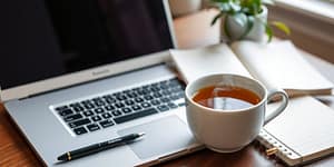 Calm workspace with laptop, tea, and self-care items.