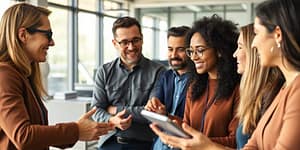 Group of professionals collaborating in a modern office.