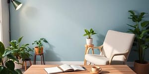Calm workspace with plants and soft lighting.