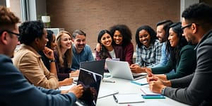Group of people collaborating around a table in discussion.