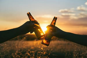 Cheers with beers at sunset in nature - Philanthropeak Coaching photography of person holding glass bottles during sunset ADHD and Alcohol